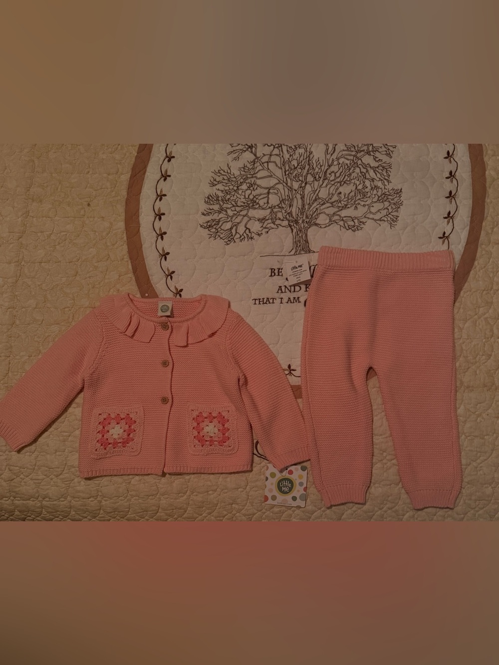 Little Me Pink Knit Cardigan & Pants Set with Crochet Pocket Accents